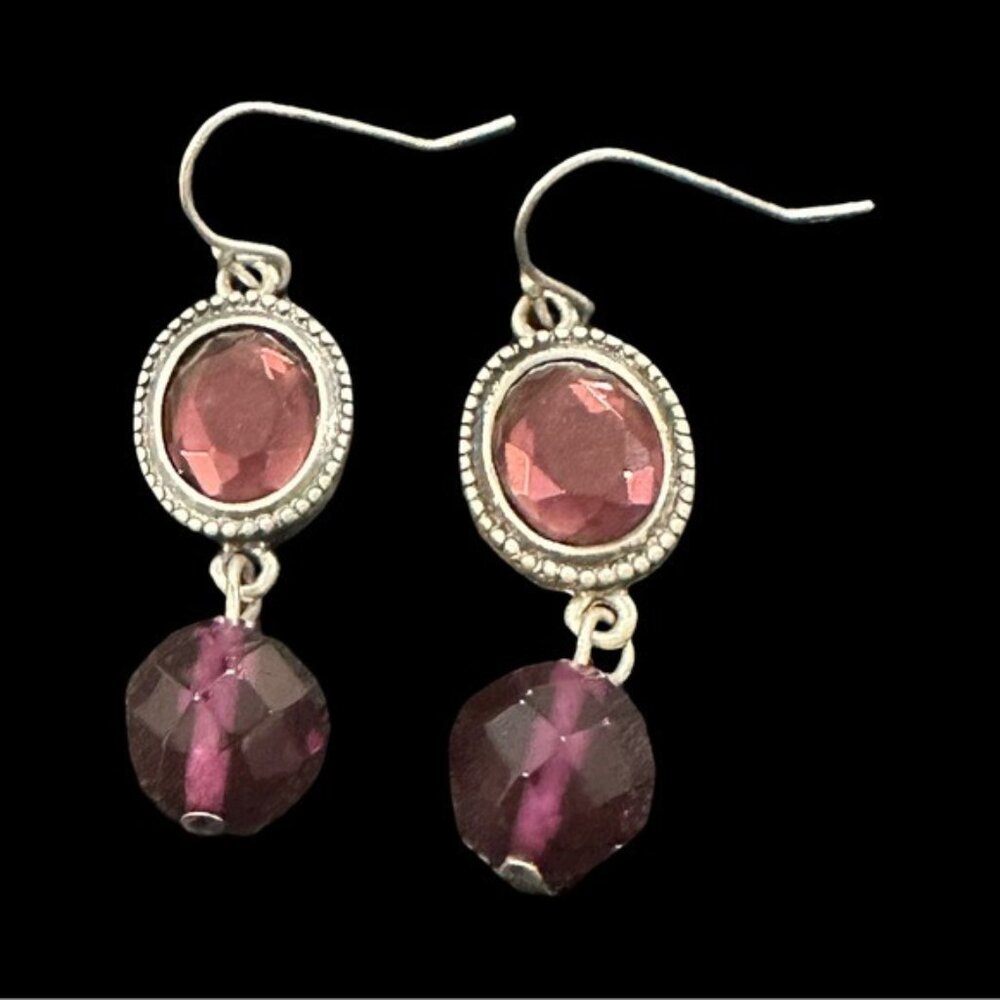 Silver Tone and Purple Dangle Earrings